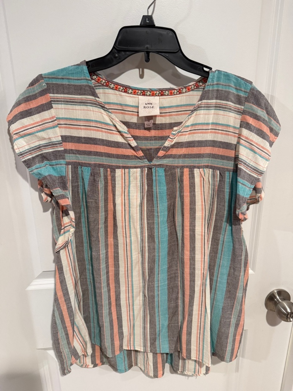 Knox Rose Striped V-Neck Short Sleeve Top in Teal, Coral & Cream